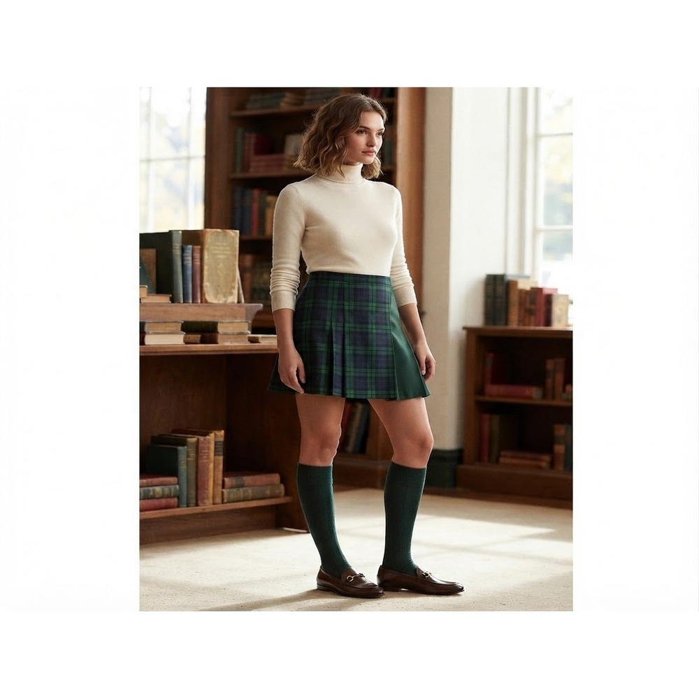 Green Navy Blackwatch Plaid Pleated Skort Mini Skirt Schoolgirl Preppy Academic